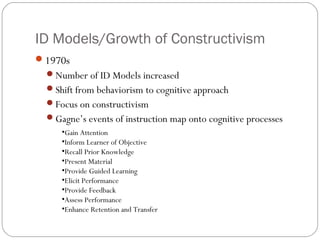 ID Models/Growth of Constructivism
1970s
Number of ID Models increased
Shift from behaviorism to cognitive approach
Focus on constructivism
Gagne’s events of instruction map onto cognitive processes
•Gain Attention
•Inform Learner of Objective
•Recall Prior Knowledge
•Present Material
•Provide Guided Learning
•Elicit Performance
•Provide Feedback
•Assess Performance
•Enhance Retention and Transfer
 