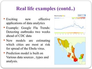 Real life examples (contd..)
 Exciting new effective
applications of data analytics
 Example: Google Flu Trends:
Detecting outbreaks two weeks
ahead of CDC data
 New models are estimating
which cities are most at risk
for spread of the Ebola virus.
 Prediction model is built on
Various data sources , types and
analysis.
 