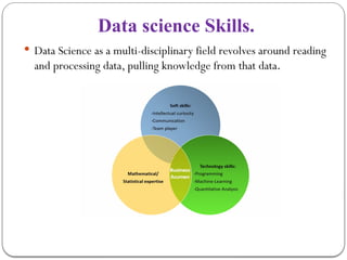 Data science Skills.
 Data Science as a multi-disciplinary field revolves around reading
and processing data, pulling knowledge from that data.
 