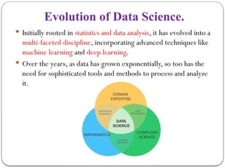 Evolution of Data Science.
 Initially rooted in statistics and data analysis, it has evolved into a
multi-faceted discipline, incorporating advanced techniques like
machine learning and deep learning.
 Over the years, as data has grown exponentially, so too has the
need for sophisticated tools and methods to process and analyze
it.
 