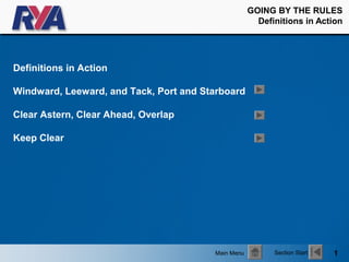 GOING BY THE RULES
                                                      Definitions in Action




Definitions in Action

Windward, Leeward, and Tack, Port and Starboard

Clear Astern, Clear Ahead, Overlap

Keep Clear




                                        Main Menu         Section Start   1
 