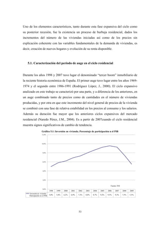 Uno de los elementos característicos, tanto durante esta fase expansiva del ciclo como
su posterior recesión, fue la existencia un proceso de burbuja residencial, dados los
incrementos del número de las viviendas iniciadas así como de los precios sin
explicación coherente con las variables fundamentales de la demanda de viviendas, es
decir, creación de nuevos hogares y evolución de su renta disponible.



   5.1. Caracterización del periodo de auge en el ciclo residencial


Durante los años 1998 y 2007 tuvo lugar el denominado “tercer boom” inmobiliario de
la reciente historia económica de España. El primer auge tuvo lugar entre los años 1969-
1974 y el segundo entre 1986-1991 (Rodríguez López, J., 2000). El ciclo expansivo
analizado en este trabajo se caracterizó por una parte, y a diferencia de los anteriores, en
un auge combinado tanto de precios como de cantidades en el número de viviendas
producidas, y por otra en que este incremento del nivel general de precios de la vivienda
se combinó con una fase de relativa estabilidad en los precios al consumo y los salarios.
Además su duración fue mayor que los anteriores ciclos expansivos del mercado
residencial (Naredo Pérez, J.M., 2004). Es a partir de 2007cuando el ciclo residencial
muestra signos significativos de cambio de tendencia.
                     Gráfico 5.1: Inversión en vivienda. Porcentaje de participación n el PIB
                     12,0%




                     10,0%




                      8,0%




                      6,0%




                      4,0%




                      2,0%


                                                                                          Fuente: INE
                      0,0%
                               1998   1999   2000   2001   2002   2003   2004   2005   2006    2007     2008   2009
     Inversión en vivienda.
     Participación en el PIB   5,0%   5,8%   6,2%   6,9%   7,3%   8,0%   8,7%   9,2%   9,5%    9,3%     7,5%   5,5%




                                                           53
 
