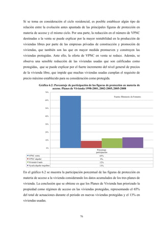 Si se toma en consideración el ciclo residencial, es posible establecer algún tipo de
relación entre la evolución antes apuntada de las principales figuras de protección en
materia de acceso y el mismo ciclo. Por una parte, la reducción en el número de VPNC
destinadas a la venta se puede explicar por la mayor rentabilidad en la producción de
viviendas libres por parte de las empresas privadas de construcción y promoción de
viviendas, que también son las que en mayor medida promueven y construyen las
viviendas protegidas. Ante ello, la oferta de VPNC en venta se reduce. Además, se
observa una sensible reducción de las viviendas usadas que son calificadas como
protegidas, que se puede explicar por el fuerte incremento del nivel general de precios
de la vivienda libre, que impide que muchas viviendas usadas cumplan el requisito de
precio máximo establecido para su consideración como protegida.

               Gráfico 6.2: Porcentaje de participación de las figuras de protección en materia de
                          acceso. Planes de Vivienda 1998-2001, 2002-2005, 2005-2008
                      70%

                                                                              Fuente: Ministerio de Fomento
                      60%



                      50%



                      40%



                      30%



                      20%



                      10%



                        0%
                                                               Porcentaje
                                                              participación
   VPNC venta                                                     65%
    VPNC alquiler                                                 9%
    Vivienda Usada                                                12%
    Ayuda alquiler inquilino                                      13%


En el gráfico 6.2 se muestra la participación porcentual de las figuras de protección en
materia de acceso a la vivienda considerando los datos acumulados de los tres planes de
vivienda. La conclusión que se obtiene es que los Planes de Vivienda han priorizado la
propiedad como régimen de acceso en las viviendas protegidas, representando el 65%
del total de actuaciones durante el periodo en nuevas viviendas protegidas y el 13% en
viviendas usadas.



                                                76
 