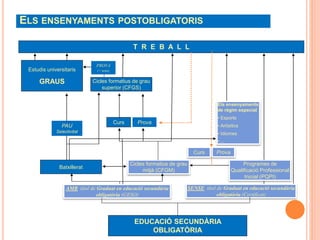 ELS ENSENYAMENTS POSTOBLIGATORIS
Programes de
Qualificació Professional
Inicial (PQPI)
Cicles formatius de grau
superior (CFGS)
PAU
Selectivitat
Estudis universitaris
GRAUS
PROVA
(+ nota)
Cicles formatius de grau
mitjà (CFGM)
Batxillerat
T R E B A L L
EDUCACIÓ SECUNDÀRIA
OBLIGATÒRIA
SENSE títol de Graduat en educació secundària
obligatòria (Certificat)
AMB títol de Graduat en educació secundària
obligatòria (GESO)
Els ensenyaments
de règim especial
• Esports
• Artísitics
• Idiomes
• ...
Curs Prova
ProvaCurs
 
