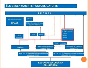 ELS ENSENYAMENTS POSTOBLIGATORIS
Programes de Formació
Inicial (PFI)
Cicles formatius de grau
superior (CFGS)
PAU
Selectivitat
Estudis universitaris
GRAUS
PROVA
(+ nota)
Cicles formatius de grau
mitjà (CFGM)
Batxillerat
T R E B A L L
EDUCACIÓ SECUNDÀRIA
OBLIGATÒRIA
SENSE títol de Graduat en educació secundària
obligatòria (Certificat)
AMB títol de Graduat en educació secundària
obligatòria (GESO)
Els ensenyaments
de règim especial
• Esports
• Artístics
• Idiomes
• ...
Curs Prova
ProvaCurs
 