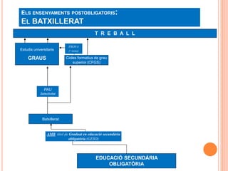 ELS ENSENYAMENTS POSTOBLIGATORIS:
EL BATXILLERAT
Cicles formatius de grau
superior (CFGS)
PAU
Selectivitat
Estudis universitaris
GRAUS
PROVA
(+nota)
Batxillerat
T R E B A L L
EDUCACIÓ SECUNDÀRIA
OBLIGATÒRIA
AMB títol de Graduat en educació secundària
obligatòria (GESO)
 