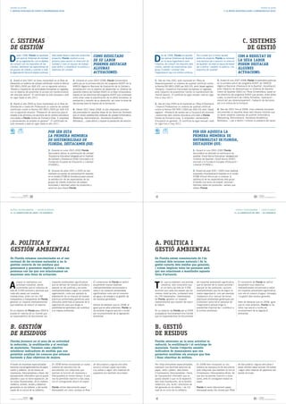 SISTEMAS DE GESTIÓN                                                                                                                                                                                                                                            SISTEMES DE GESTIÓ
5. NUESTRA ESTRATEGIA EN CUANTO A RESPONSABILIDAD SOCIAL                                                                                                                                                           5. LA NOSTRA ESTRATÈGIA QUANT A RESPONSABILITAT SOCIAL




C. SISTEMAS                                                                                                                                                                                                                               C. SISTEMES
DE GESTIÓN                                                                                                                                                                                                                                  DE GESTIÓ

D                                                                                           COMO RESULTADO
                                                                                                                                         D                                                                                          COM A RESULTAT DE
       esde 1998, Florida ha apostado          Para poder llevar a cabo este ambicioso                                                          es de 1998, Florida ha apostat       Per a poder dur a terme aquest
       por aplicar Sistemas de Calidad         proyecto, Florida nombró a una                                                                   per aplicar Sistemes de Qualitat     ambiciós projecte, Florida va nomenar
       en su organización, con el objetivo     persona para asumir la dirección de          DE SU LABOR                                         en la seua organització amb          una persona per a assumir la direcció          LA SEUA LABOR
de cumplir con los requisitos de los           Calidad y creó un equipo de trabajo          PODEMOS DESTACAR                             l'objectiu de complir els requisits dels    de Qualitat i va crear un equip de treball     PODEM DESTACAR
clientes, satisfacer las expectativas de       para definir y establecer la política y                                                   clients, satisfer les expectatives dels     per a definir i establir la política i els
los grupos de interés y orientar a toda        objetivos de calidad.                        ALGUNAS                                      grups d'interés i orientar tota             objectius de qualitat.                         ALGUNES
la organización hacia la mejora continua.                                                   ACTUACIONES:                                 l'organització cap a la millora contínua.                                                  ACTUACIONS:

1. Desde el año 2001 se tiene implantado en el Área de                3. Durante el curso 2007-2008, Florida Universitària               1. Des de l'any 2001 està implantat en l'Àrea de                  3. Durant el curs 2007-2008, Florida Universitària participa
Desarrollo un sistema de calidad certificado contra la Norma          participa en la primera edición del programa AUDIT de la           Desenvolupament un sistema de qualitat certificat contra          en la primera edició del programa AUDIT de l'ANECA
ISO 9001:2000 por SGS ICS, con el siguiente alcance:                  ANECA (Agencia Nacional de Evaluación de la Calidad y              la Norma ISO 9001:2000 per SGS ICS, amb l'abast següent:          (Agència Nacional d'Avaluació de la Qualitat i Acreditació),
"Diseño e impartición de actividades formativas no regladas,          Acreditación) con el objetivo de desarrollar un Sistema de         «Disseny i impartició d'activitats formatives no reglades,        amb l'objectiu de desenvolupar un Sistema de Garantia
con el objetivo de posibilitar el acceso y/o mantenimiento            Garantía Interno de Calidad (SGIC) en el Área Universitaria,       amb l'objectiu de possibilitar l'accés i/o manteniment del        Intern de Qualitat (SGIC) en l'Àrea Universitària, basat en
del mercado laboral". El certificado ha sido renovado y está          basado en las directrices del programa AUDIT que contempla         mercat laboral». El certificat ha sigut renovat i està en vigor   les directrius del programa AUDIT que preveu, entre altres
en vigor hasta el año 2011.                                           entre otras cosas la planificación de la oferta formativa, la      fins a l'any 2011.                                                coses, la planificació de l'oferta formativa, l'avaluació i
                                                                      evaluación y revisión de su desarrollo, así como la toma de                                                                          revisió del seu desenvolupament i l'adopció de decisions
2. Desde el año 2004 se tiene implantado en el Área de                decisiones para la mejora de la formación.                         2. Des de l'any 2004 es té implantat en l'Àrea d'Orientació       per a la millora de la formació.
Orientación e Inserción Profesional un sistema de calidad                                                                                i Inserció Professional un sistema de qualitat certificat
certificado contra la Norma ISO 9001:2000 por SGS ICS                 4. Desde 2001 hasta 2008, se han elaborado procesos                contra la Norma ISO 9001:2000 per SGS ICS amb l'abast             4. Des del 2001 fins al 2008, s'han elaborat processos
con el siguiente alcance: "Prestación de servicios para el            documentados en aquellas áreas de los Servicios Centrales          següent: «Prestació de serveis per a l'ocupació als alumnes       documentats en aquelles àrees dels Serveis Centrals que
empleo a los alumnos y ex-alumnos de los centros educativos           que no tienen establecidos sistemas de calidad (Informática,       i exalumnes dels centres educatius vinculats a Florida            no tenen establits sistemes de qualitat (Informàtica,
vinculados a Florida Centre de Formació Coop. V, empresas             Marketing, Administración, Secretaria Académica,                   Centre de Formació Coop. V, empreses i demandants                 Màrqueting, Administració, Secretaria Acadèmica,
y demandantes de empleo en general”. El certificado ha                Biblioteca,…) para definir y mejorar la prestación del servicio.   d'ocupació en general». El certificat ha sigut renovat i està     Biblioteca…) per a definir i millorar la prestació del servei.
sido renovado y está en vigor hasta el año 2011.                                                                                         en vigor fins a l'any 2011.


                                           POR SER ESTA                                                                                                                          PER SER AQUESTA LA
                                           LA PRIMERA MEMORIA                                                                                                                    PRIMERA MEMÒRIA DE
                                           DE SOSTENIBILIDAD DE                                                                                                                  SOSTENIBILITAT DE FLORIDA,
                                           FLORIDA, DESTACAMOS QUE:                                                                                                              DESTAQUEM QUE:
                                           1. Durante el curso 2001-2002 Florida                                                                                                 1. Durant el curs 2001-2002 Florida
                                           Secundaria obtuvo la certificación de calidad                                                                                         Secundària va obtindre la certificació de
                                           "Excelencia Educativa" otorgada por el Instituto                                                                                      qualitat «Excel·lència Educativa» atorgada per
                                           de Calidad y Excelencia (ICAE) vinculado a la                                                                                         l'Institut de Qualitat i Excel·lència (ICAE),
                                           Fundación Europea de Educación y Libertad                                                                                             vinculat a la Fundació Europea d'Educació i
                                           (FUNDEL).                                                                                                                             Llibertat (FUNDEL).

                                           2. Durante los años 2001 y 2005 se han                                                                                                2. Durant els anys 2001 i 2005 s'han realitzat
                                           realizado encuestas de autoevaluación basadas                                                                                         enquestes d'autoavaluació basades en el model
                                           en el modelo EFQM de Excelencia para conocer                                                                                          EFQM d'Excel·lència per a conéixer la
                                           la satisfacción de las expectativas de los                                                                                            satisfacció de les expectatives dels grups
                                           grupos de interés (colectivo de trabajo,                                                                                              d'interés (col·lectiu de treball, alumnat i
                                           alumnado y familias) sobre los productos y                                                                                            famílies) sobre els productes i serveis que
                                           servicios que ofrece Florida.                                                                                                         ofereix Florida.


                    FLORIDA
MEMORIA DE SOSTENIBILIDAD 08   32                                                                                                                                                                                                                     33     FLORIDA
                                                                                                                                                                                                                                                             MEMÒRIA DE SOSTENIBILITAT 08




POLÍTICA Y GESTIÓN AMBIENTAL / GESTIÓN DE RESIDUOS                                                                                                                                                                                POLÍTICA I GESTIÓ AMBIENTAL / GESTIÓ DE RESIDUS
14. LA CONSERVACIÓN DEL MEDIO / EJE AMBIENTAL                                                                                                                                                                                    14. LA CONSERVACIÓ DEL MEDI / EIX AMBIENTAL




A. POLÍTICA Y                                                                                                                            A. POLÍTICA I
GESTIÓN AMBIENTAL                                                                                                                        GESTIÓ AMBIENTAL
En Florida estamos concienciados en el uso                                                                                               En Florida estem conscienciats de l'ús
racional de los recursos naturales y en la                                                                                               racional dels recursos naturals i de la
gestión correcta de los residuos que                                                                                                     gestió correcta dels residus que generem,
generamos y queremos implicar a todas las                                                                                                i volem implicar totes les persones amb
personas con las que nos relacionamos en                                                                                                 qui ens relacionem a mantindre aquesta
mantener esta línea de actuación.                                                                                                        línia d'actuació.



A                                                                                                                                        T
      unque no realizamos una                  impactos ambientales significativos          El compromiso de Florida es definir                ot i que no realitzem una activitat   els impactes ambientals significatius          El compromís de Florida és definir
      actividad industrial, somos              que se derivan de nuestra actividad y        anualmente nuevos objetivos                        industrial, som conscients que        que es deriven de la nostra activitat i        anualment nous objectius
      conscientes que el colectivo de          avanzar en las políticas y acciones          medioambientales encaminados a                     el col·lectiu de més de 3.000         avançar en les polítiques i accions            mediambientals encaminats a reduir
más de 3.000 alumnos y alumnas que             medioambientales a seguir en nuestra         reducir los impactos ambientales             alumnes que cada any passen per les         mediambientals que ha de seguir la             els impactes ambientals significatius,
cada año pasan por nuestras                    organización, como por ejemplo la            significativos como son el consumo           nostres instal·lacions, juntament amb       nostra organització, com per exemple           com són el consum d'aigua i d'energia
instalaciones, junto con los 195               elaboración de un manual de buenas           de agua y de energía y la gestión de         els 195 treballadors i treballadores        l'elaboració d'un manual de bones              i la gestió dels residus generats.
trabajadores y trabajadoras de Florida,        prácticas ambientales genéricas para         los residuos generados.                      de Florida, generen un impacte              pràctiques ambientals genèriques per
generan un impacto medioambiental              difundirlo entre todo el personal de la                                                   mediambiental que tractem de reduir         a difondre'l entre tot el personal de          Hem de destacar que en 2008, igual
que tratamos de reducir al máximo.             organización para que tenga la               Hemos de destacar que en 2008, al            al màxim.                                   l'organització perquè tinga la                 que en anys anteriors, Florida no ha
                                               posibilidad de aplicarlas y así contribuir   igual que en años anteriores, Florida no                                                 possibilitat d'aplicar-les i contribuir a      rebut cap sanció o multa per
Es un objetivo de Florida para 2009 la         a la mejora ambiental.                       ha recibido ninguna sanción o multa          És un objectiu de Florida per al 2009       la millora ambiental.                          incompliment de la legislació
puesta en marcha de un Comité que                                                           por incumplimiento de la legislación         la posada en funcionament d'un Comité                                                      ambiental.
se responsabilice de documentar los                                                         ambiental.                                   que es responsabilitze de documentar




B. GESTIÓN                                                                                                                               B. GESTIÓ
DE RESIDUOS                                                                                                                              DE RESIDUS
Florida favorece en el seno de su actividad                                                                                              Florida afavoreix en la seua activitat la
la reducción, la reutilización y el reciclaje                                                                                            reducció, la reutilització i el reciclatge de
de materiales. Tenemos como objetivo                                                                                                     materials. Tenim l'objectiu establir
establecer indicadores de medida que nos                                                                                                 indicadors de mesurament que ens
permitan analizar los avances que estamos                                                                                                permeten analitzar els avanços que fem
haciendo y fijar objetivos de mejora.                                                                                                    i fixar objectius de millora.

A través de empresas especializadas            En 2008 hemos incorporado un nuevo           de Secundaria y alguna otra área             Per mitjà d'empreses especialitzades,       En 2008 hem incorporat un nou                  de Secundària i alguna altra àrea o
hacemos una recogida selectiva de papel,       sistema de reproducción de                   servicio utilizan papel reciclado.           realitzem una recollida selectiva de        sistema de reproducció de documents            servei utilitzen paper reciclat. Els sobres
cartón y plástico, de los tóners de            documentos con máquinas que                  Los sobres y algún otro material de          paper, cartó i plàstic, dels tòners         amb màquines que realitzen la funció           i algun altre material de papereria són
impresoras, fotocopiadoras y faxes, del        realizan la función de impresora y           papelería son también reciclados.            d'impressores, fotocopiadores i faxos,      d'impressora i fotocopiadora alhora, fet       també reciclats.
equipamiento informático que se queda          fotocopiadora al mismo tiempo, lo que                                                     de l'equipament informàtic que es           que ens ha permés imprimir a dues
obsoleto o que no tiene reparación, de         nos ha permitido imprimir a dos caras,                                                    queda obsolet o que no té reparació,        cares, amb el consegüent estalvi en
los tubos fluorescentes, de la chatarra        con el consiguiente ahorro en papel.                                                      dels tubs fluorescents, de la ferralla      paper.
metálica, aceites, ácidos y taladrina                                                                                                    metàl·lica, olis, àcids i emulsions de
generados en los talleres, y del aceite        Florida utiliza básicamente papel                                                         tall generats en els tallers, i de l'oli    Florida fa servir bàsicament paper
usado de la cocina de la cafetería.            blanqueado sin cloro, aunque el Área                                                      usat de la cuina de la cafeteria.           blanquejat sense clor, encara que l'Àrea


                    FLORIDA
MEMORIA DE SOSTENIBILIDAD 08   90                                                                                                                                                                                                                     91     FLORIDA
                                                                                                                                                                                                                                                             MEMÒRIA DE SOSTENIBILITAT 08
 