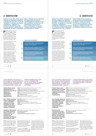 INNOVACIÓN                                                                                                                                                                                                                                                      INNOVACIÓ
5. NUESTRA ESTRATEGIA EN CUANTO A RESPONSABILIDAD SOCIAL                                                                                                                                                   5. LA NOSTRA ESTRATÈGIA QUANT A RESPONSABILITAT SOCIAL




E. INNOVACIÓN                                                                                                                                                                                                             E. INNOVACIÓ
Durante el año 2007, y tras varias                               dotar a Florida de una estructura                                Durant l'any 2007, i després de                                   dotar Florida d'una estructura
sesiones de formación dirigidas                                  de exploración de nuevas                                         diverses sessions de formació                                     d'exploració de noves oportunitats
al Equipo de Dirección, se decide                                oportunidades de negocio a la vez                                dirigides a l'Equip de Direcció, es                               de negoci i alhora fer visible
-tomando el concepto de empresa                                  que visibilizar la estructura de                                 decideix -tot prenent el concepte                                 l'estructura d'explotació com
ambidextra-, rediseñar la                                        explotación como la parte                                        d'empresa ambidextra-                                             la part de l'organització en què
estructura de Florida en dos                                     de la organización en la que                                     redissenyar l'estructura de Florida                               es puguen integrar aquelles
grandes ámbitos: exploración y                                   integrar aquellas actividades                                    en dos grans àmbits: exploració                                   activitats ja existents en Florida.
explotación. Es decir, se pretende                               ya existentes en Florida.                                        i explotació. És a dir, es pretén


P                                                                                                                                 P
      ara poder desarrollar la estructura                                                                                                er tal de poder desenvolupar
      de exploración, un equipo de                                                                                                       l'estructura d'exploració, un
      personas de Florida ha recibido                                                                                                    equip de persones de Florida ha
formación dirigida a incorporar la                                                                                                rebut formació dirigida a incorporar la
Gestión de la Innovación en la empresa                                                                                            Gestió de la Innovació en l'empresa i
así como a instrumentalizar dicha                                                                                                 a instrumentalitzar tal gestió en la
gestión en la creación de un Comité                                                                                               creació d'un Comité d'Innovació.
de Innovación. Esta formación se ha                                                                                               Aquesta formació s'ha dut a terme des
llevado a cabo desde finales de 2007                                                                                              de finals de 2007 fins a mitjan març
hasta mediados de marzo de 2008.                                                                                                  del 2008.
                                                                 UNIDADES DE NEGOCIO                                                                                                                UNITATS DE NEGOCI
El Comité de Innovación se formaliza                                                                                              El Comité d'Innovació es formalitza
durante el año 2008 con la                                                                                                        durant l'any 2008 amb la participació
                                                                 FLORIDA SUMMER SCHOOL. Escuela de Verano en inglés                                                                                 FLORIDA SUMMER SCHOOL. Escola d'Estiu en anglés per
participación de 10 personas, y
comienza a funcionar con una                           1.        para niños y niñas de infantil y primaria utilizando una
                                                                                                                                  de 10 persones, i comença a funcionar
                                                                                                                                  amb una metodologia que permet                          1.        a xiquets i xiquetes d'infantil i primària utilitzant una
metodología que permite sistematizar                             metodología de inmersión del idioma.                             sistematitzar el procés d'innovació, és                           metodologia d'immersió de l'idioma.
el proceso de innovación, es decir,                                                                                               a dir, atendre els senyals de l'entorn i
atender a señales del entorno y a                                                                                                 treballar-los de manera que puguen
                                                                 TICEDU. Unidad de negocio consistente en servicios de                                                                              TICEDU. Unitat de negoci consistent en serveis de consultoria
trabajarlas de manera que puedan
significar la creación de nuevas                       2.        consultoría y formación en todo lo relacionado con los cambios
                                                                                                                                  significar la creació de noves unitats
                                                                                                                                  de negoci de l'organització.                            2.        i formació en tot allò relacionat amb els canvis provocats per
unidades de negocio de la organización.                          provocados por las nuevas tecnologías en la educación.                                                                             les noves tecnologies en l'educació.
                                                                                                                                  A causa de la novetat en la creació del
Debido a la novedad en la creación del                           CENTRO DE INVESTIGACIÓN EN GESTIÓN. Servicios de                 Comité d'Innovació i del treball realitzat                        CENTRE D'INVESTIGACIÓ EN GESTIÓ. Serveis de formació
Comité de Innovación y al trabajo
realizado durante 2008, es difícil                     3.        formación y acompañamiento encaminados a fomentar e
                                                                 implantar la innovación en los diferentes ámbitos de actuación
                                                                                                                                  durant el 2008, és difícil quantificar
                                                                                                                                  econòmicament els recursos aportats                     3.        i acompanyament orientats a fomentar i implantar la innovació
                                                                                                                                                                                                    en els diferents àmbits d'actuació de les empreses i
cuantificar económicamente los                                   de las empresas y organizaciones.                                en el procés d'Innovació. Si bé és cert                           organitzacions.
recursos aportados en el proceso de                                                                                               que del treball del Comité l'any 2008
Innovación. Si bien es cierto que del                                                                                             i aplicant la metodologia de treball que
                                                                 ÁREA DE IGUALDAD. Servicios de consultoría, formación y                                                                            ÀREA D'IGUALTAT. Serveis de consultoria, formació i
propio trabajo del Comité durante el
año 2008 y aplicando la metodología                    4.        acompañamiento en materia de Igualdad para empresas y
                                                                                                                                  es va incorporar des de la seua creació
                                                                                                                                  van sorgir quatre unitats de negoci                     4.        acompanyament en matèria d'Igualtat per a empreses i
de trabajo que se incorporó desde su                             todo tipo de organizaciones y entidades públicas o privadas.     incipients, el funcionament de les quals                          qualsevol tipus d'organitzacions i entitats públiques o privades.
creación surgieron cuatro unidades de                                                                                             és pràcticament autònom.
negocio incipientes cuyo funcionamiento
es prácticamente autónomo.



                    FLORIDA
MEMORIA DE SOSTENIBILIDAD 08   36                                                                                                                                                                                                           37    FLORIDA
                                                                                                                                                                                                                                                  MEMÒRIA DE SOSTENIBILITAT 08




13. INTERCOOPERACIÓN / EJE SOCIAL                                                                                                                                                                                                   13. INTERCOOPERACIÓ / EIX SOCIAL




COMO EMPRESA VINCULADA A                                         ÁMBITO EMPRESARIAL COMO                                          COM A EMPRESA VINCULADA AL                                         L'ÀMBIT EMPRESARIAL COM SOCIAL
SU ENTORNO, FLORIDA MANTIENE                                     SOCIAL Y COOPERATIVO,                                            SEU ENTORN, FLORIDA MANTÉ                                          I COOPERATIU, DELS TERRITORIS
RELACIONES DE COLABORACIÓN,                                      DE LOS TERRITORIOS EN DONDE                                      RELACIONS DE COL·LABORACIÓ,                                        ON DESENVOLUPEM LA NOSTRA
PARTICIPACIÓN O SOPORTE CON                                      DESARROLLAMOS NUESTRA                                            PARTICIPACIÓ O SUPORT AMB                                          ACTIVITAT
ORGANIZACIONES, TANTO DEL                                        ACTIVIDAD                                                        ORGANITZACIONS, TANT DE

Florida forma parte,                        CEPES (Confederación Empresarial Española de la Economía Social)                      Florida forma part,                          CEPES (Confederació Empresarial Espanyola de l'Economia Social)
                                            UECOE (Unión Española de Cooperativas de Enseñanza)                                                                                UECOE (Unió Espanyola de Cooperatives d'Ensenyament)
directamente o a                            Confederación de Cooperativas de la Comunidad Valenciana
                                                                                                                                  directament o a través                       Confederació de Cooperatives de la Comunitat Valenciana
través de otras, de las                     FEVECTA (Federación Valenciana de Empresas Cooperativas de Trabajo Asociado)          d'unes altres, de les                        FEVECTA (Federació Valenciana d'Empreses Cooperatives de Treball Associat)
siguientes                                  UCEV (Unión de Cooperativas de Enseñanza Valencianas)                                 següents associacions                        UCEV (Unió de Cooperatives d'Ensenyament Valencianes)
asociaciones                                ACADE (Asociación de Centros Autónomos de Enseñanza Privada)                          sectorials i                                 ACADE (Associació de Centres Autònoms d'Ensenyament Privat)
                                            Club de Gerentes de Torrent                                                                                                        Club de Gerents de Torrent
sectoriales y                               AECA (Asociación Empresarial de Catarroja)
                                                                                                                                  empresarials:                                AECA (Associació Empresarial de Catarroja)
empresariales:                              ACE (Agrupación Comarcal de Empresarios Alaquàs-Aldaia)                                                                            ACE (Agrupació Comarcal d'Empresaris Alaquàs-Aldaia)


Para Florida también                        Grupo ASCES (Asociación para la Cooperación de la Economía Social)                    Per a Florida també és                       Grupo ASCES (Associació per a la Cooperació de l'Economia Social)
                                            AKOE Educació Coop. V                                                                                                              AKOE Educació Coop. V
es muy importante                           NINOS Gestió Educativa Coop.V.
                                                                                                                                  molt important crear i                       NINOS Gestió Educativa Coop.V.
crear y consolidar                          AESOV (Asociación de Empresarios Solidarios Valencianos)                              consolidar aliances                          AESOV (Associació d'Empresaris Solidaris Valencians)
alianzas con otras                          ETNOR (Fundación para la Ética de los Negocios y las Organizaciones)                  amb altres entitats                          ETNOR (Fundació per a l'Ètica dels Negocis i les Organitzacions)
entidades con las                           Caixa Popular                                                                         amb les quals                                Caixa Popular

cuales compartimos                                                                                                                compartim valors i
valores e intereses:                                                                                                              interessos:

Aunque la vinculación                       EVAP (Asociación de Empresarias y Profesionales de Valencia)                          Encara que la                                EVAP (Associació d'Empresàries i Professionals de València)
es a título personal,                       Gent Solidaria de l'Horta Sud                                                         vinculació és a títol                        Gent Solidaria de l'Horta Sud
                                            Fundación Novaterra                                                                                                                Fundació Novaterra
Florida apoya a las                         Fórum Europeo de Administradores de la Educación
                                                                                                                                  personal, Florida dóna                       Fòrum Europeu d'Administradors de l'Educació
personas de su                                                                                                                    suport a les persones
colectivo que                                                                                                                     del seu col·lectiu que
participan en diversas                                                                                                            participen en diverses
asociaciones como:                                                                                                                associacions com:
Florida tiene establecidos convenios        Valenciana, Asociación Innovalab, Caixa    de Aprendizaje Permanente de la            Florida té establits convenis amb la         Valenciana, Associació Innovalab, Caixa    d'Aprenentatge Permanent de la
con la Universitat de Valencia-Estudi       Popular, Colegio de Economistas de         Comisión Europea. Estos proyectos le       Universitat de València-Estudi General,      Popular, Col·legi d'Economistes de         Comissió Europea. Aquests projectes
General, con la Universidad Politécnica     Valencia, Colegio Oficial de Ingenieros    han permitido colaborar con más de         amb la Universitat Politècnica de            València, Col·legi Oficial d'Enginyers     li han permés col·laborar amb més d'un
de Valencia y con la UNED para que          en Informática de la Comunidad             un centenar de instituciones educativas    València i amb la UNED perquè el seu         en Informàtica de la Comunitat             centenar d'institucions educatives de
su alumnado pueda realizar sus              Valenciana, Servicio Valenciano de         de distintos niveles y ámbitos así como    alumnat puga realitzar les seues             Valenciana, Servei Valencià d'Ocupació     diferents nivells i àmbits i amb
prácticas curriculares con nosotros.        Empleo y Formación y Unión Hotelera        con empresas y centros de investigación    pràctiques curriculars amb nosaltres.        i Formació i Unió Hotelera de la           empreses i centres d'investigació
                                            de la Provincia de Valencia.               europeos. Con ellos se han desarrollado                                                 Província de València.                     europeus. Amb ells s'han desenvolupat
Durante 2008, Florida ha formalizado                                                   diferentes actividades relacionadas con    Durant el 2008, Florida ha formalitzat                                                  diferents activitats relacionades amb
un convenio marco de colaboración con       A lo largo del 2008, Florida ha            la innovación, la calidad, el uso          un conveni marc de col·laboració amb         Al llarg del 2008, Florida ha participat   la innovació, la qualitat, l'ús pedagògic
las siguientes entidades: Asociación        participado como coordinador o como        pedagógico de las TIC y el turismo.        les següents entitats: Associació            com a coordinador o com a soci en 13       de les TIC i el turisme.
de Auditoría y Control de los Sistemas      socio en 13 proyectos internacionales,                                                d'Auditoria i Control dels Sistemes          projectes internacionals, tots
de Información de la Comunidad              todos ellos enmarcados en el Programa                                                 d'Informació de la Comunitat                 emmarcats en el Programa


                    FLORIDA
MEMORIA DE SOSTENIBILIDAD 08   86                                                                                                                                                                                                           87    FLORIDA
                                                                                                                                                                                                                                                  MEMÒRIA DE SOSTENIBILITAT 08
 