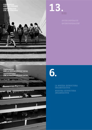 13.
COMPROMESOS
AMB LES PERSONES
COMPROMETIDOS
CON LAS PERSONAS
                                      EIX SOCIAL
                                      EJE SOCIAL




                                      INTERCOOPERACIÓ
                                      INTERCOOPERACIÓN




                                6.
COMPROMESOS
AMB LA RESPONSABILITAT SOCIAL
COMPROMETIDOS
CON LA RESPONSABILIDAD SOCIAL




                                 LA NOSTRA ESTRUCTURA
                                 ORGANITZATIVA
                                 NUESTRA ESTRUCTURA
                                 ORGANIZATIVA
 