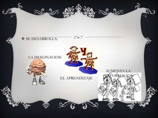  SE DESARROLLA:



   LA IMAGINACION


                                    AUMENTA LA
                                    INFORMACION
                   EL APRENDIZAJE
 