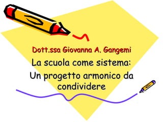 Dott.ssa Giovanna A. Gangemi

La scuola come sistema:
Un progetto armonico da
condividere

 