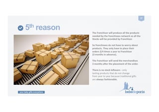 your baby gifts everywhere
27	
  
5th reason The	
  Franchisor	
  will	
  produce	
  all	
  the	
  products	
  
needed	
  by	
  the	
  franchisees	
  network	
  so	
  all	
  the	
  	
  
Stocks	
  will	
  be	
  provided	
  by	
  Franchisor.	
  
So	
  franchisees	
  do	
  not	
  have	
  to	
  worry	
  about	
  
products.	
  They	
  only	
  have	
  to	
  place	
  their	
  	
  
orders	
  2/4	
  Zmes	
  a	
  year	
  to	
  Franchisor	
  
(3	
  months	
  in	
  advance).	
  
The	
  Franchisor	
  will	
  send	
  the	
  merchandises	
  	
  
3	
  months	
  a9er	
  the	
  placement	
  of	
  the	
  order.	
  
There	
  is	
  no	
  stock	
  le9overs	
  -­‐	
  only	
  	
  
lasCng	
  products	
  that	
  do	
  not	
  change	
  	
  
from	
  year	
  to	
  year	
  because	
  tradiConal	
  gi9s	
  
are	
  always	
  fashionable.	
  
 