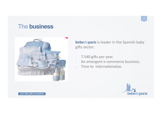 your baby gifts everywhere
3	
  
The business
bebedeparis	
  is	
  leader	
  in	
  the	
  Spanish	
  baby	
  
gi9s	
  sector:	
  
.	
  	
  	
  	
  	
  7.540	
  gi9s	
  per	
  year.	
  
.	
  	
  	
  	
  	
  An	
  emergent	
  e-­‐commerce	
  business.	
  
.	
  	
  	
  	
  	
  Time	
  to	
  	
  internaConalize.	
  
 