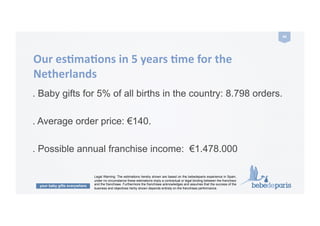 your baby gifts everywhere
44	
  
Our	
  esZmaZons	
  in	
  5	
  years	
  Zme	
  for	
  the	
  
Netherlands	
  
. Baby gifts for 5% of all births in the country: 8.798 orders.
. Average order price: €140.
. Possible annual franchise income: €1.478.000
Legal Warning: The estimations hereby shown are based on the bebedeparis experience in Spain,
under no circumstance these estimations imply a contractual or legal binding between the franchisor
and the franchisee. Furthermore the franchisee acknowledges and assumes that the success of the
business and objectives herby shown depends entirely on the franchisee performance.
 