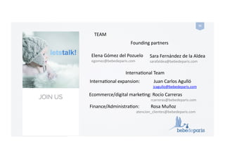 your baby gifts everywhere
55	
  
Elena	
  Gómez	
  del	
  Pozuelo	
  
egomez@bebedeparis.com	
  
Sara	
  Fernández	
  de	
  la	
  Aldea	
  
sarafaldea@bebedeparis.com	
  
TEAM	
  
Founding	
  partners	
  
InternaConal	
  Team	
  
Ecommerce/digital	
  markeCng:	
  Rocío	
  Carreras	
  
	
  	
  	
  	
  	
  	
  	
  	
  	
  	
  	
  	
  	
  	
  	
  	
  	
  	
  	
  	
  	
  	
  	
  	
  	
  	
  	
  	
  	
  	
  	
  	
  	
  	
  	
  	
  	
  	
  	
  	
  	
  	
  	
  	
  	
  	
  	
  	
  	
  	
  	
  	
  	
  	
  	
  	
  	
  	
  	
  	
  	
  	
  	
  	
  	
  	
  	
  	
  	
  rcarreras@bebedeparis.com	
  
InternaConal	
  expansion:	
  	
  	
  	
  	
  	
  	
  	
  	
  	
  	
  	
  Juan	
  Carlos	
  Agulló	
  
	
  	
  	
  	
  	
  	
  	
  	
  	
  	
  	
  	
  	
  	
  	
  	
  	
  	
  	
  	
  	
  	
  	
  	
  	
  	
  	
  	
  	
  	
  	
  	
  	
  	
  	
  	
  	
  	
  	
  	
  	
  	
  	
  	
  	
  	
  	
  	
  	
  	
  	
  	
  	
  	
  	
  	
  	
  	
  	
  	
  	
  	
  	
  	
  	
  	
  	
  	
  	
  	
  	
  jcagullo@bebedeparis.com	
  
Finance/AdministraCon:	
  	
  	
  	
  	
  	
  	
  	
  	
  	
  Rosa	
  Muñoz	
  
	
  	
  	
  	
  	
  	
  	
  	
  	
  	
  	
  	
  	
  	
  	
  	
  	
  	
  	
  	
  	
  	
  	
  	
  	
  	
  	
  	
  	
  	
  	
  	
  	
  	
  	
  	
  	
  	
  	
  	
  	
  	
  	
  	
  	
  	
  	
  	
  	
  	
  	
  	
  atencion_clientes@bebedeparis.com	
  
 