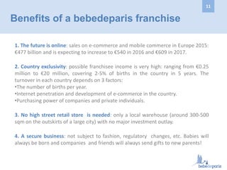 Benefits of a bebedeparis franchise
1. The future is online: sales on e-commerce and mobile commerce in Europe 2015:
€477 billion and is expecting to increase to €540 in 2016 and €609 in 2017.
2. Country exclusivity: possible franchisee income is very high: ranging from €0.25
million to €20 million, covering 2-5% of births in the country in 5 years. The
turnover in each country depends on 3 factors:
•The number of births per year.
•Internet penetration and development of e-commerce in the country.
•Purchasing power of companies and private individuals.
3. No high street retail store is needed: only a local warehouse (around 300-500
sqm on the outskirts of a large city) with no major investment outlay.
4. A secure business: not subject to fashion, regulatory changes, etc. Babies will
always be born and companies and friends will always send gifts to new parents!
11
 