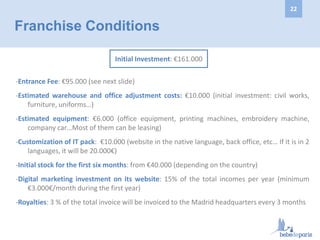 Franchise Conditions
-Entrance Fee: €95.000 (see next slide)
-Estimated warehouse and office adjustment costs: €10.000 (initial investment: civil works,
furniture, uniforms…)
-Estimated equipment: €6.000 (office equipment, printing machines, embroidery machine,
company car…Most of them can be leasing)
-Customization of IT pack: €10.000 (website in the native language, back office, etc… If it is in 2
languages, it will be 20.000€)
-Initial stock for the first six months: from €40.000 (depending on the country)
-Digital marketing investment on its website: 15% of the total incomes per year (minimum
€3.000€/month during the first year)
-Royalties: 3 % of the total invoice will be invoiced to the Madrid headquarters every 3 months
Initial Investment: €161.000
22
 