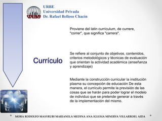 Currículo
URBE
Universidad Privada
Dr. Rafael Belloso Chacín
MORA RODOLFO MASYRUBI MARIANELA MEDINA ANA IGLESIA MINERVA VILLARROEL AIDA
Proviene del latin currículum, de currere,
"correr", que significa "carrera".
Se refiere al conjunto de objetivos, contenidos,
criterios metodológicos y técnicas de evaluación
que orientan la actividad académica (enseñanza
y aprendizaje)
Mediante la construcción curricular la institución
plasma su concepción de educación De esta
manera, el currículo permite la previsión de las
cosas que se harán para poder lograr el modelo
de individuo que se pretende generar a través
de la implementación del mismo.
 