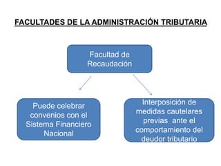 FACULTADES DE LA ADMINISTRACIÓN TRIBUTARIA



                  Facultad de
                  Recaudación




    Puede celebrar                Interposición de
   convenios con el             medidas cautelares
  Sistema Financiero               previas ante el
       Nacional                 comportamiento del
                                 deudor tributario
 