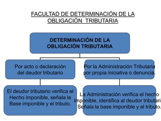 FACULTAD DE DETERMINACIÓN DE LA
                OBLIGACIÓN TRIBUTARIA


                    DETERMINACIÓN DE LA
                   OBLIGACIÓN TRIBUTARIA


   Por acto o declaración           Por la Administración Tributaria
    del deudor tributario           por propia iniciativa o denuncia.


El deudor tributario verifica el
                                   La Administración verifica el hecho
 Hecho imponible, señala la
                                 Imponible, identifica al deudor tributario
 Base imponible y el tributo.
                                  Señala la base imponible y el tributo.
 