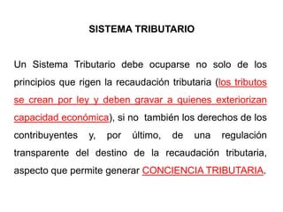 SISTEMA TRIBUTARIO


Un Sistema Tributario debe ocuparse no solo de los
principios que rigen la recaudación tributaria (los tributos
se crean por ley y deben gravar a quienes exteriorizan
capacidad económica), si no también los derechos de los
contribuyentes   y,   por   último,   de   una   regulación
transparente del destino de la recaudación tributaria,
aspecto que permite generar CONCIENCIA TRIBUTARIA.
 