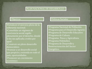 PLAN NACIONAL DE DESARROLLO.



    Objetivos                            Políticas Sociales

•Fortalecer el ejercicio pleno de la
soberanía nacional.                    •Programa Nacional de Población.
•Consolidar un régimen de              •Programa para el Desarrollo Agrario.
convivencia social regido              •Programa de Desarrollo Educativo
plenamente por el derecho, donde       •Programa de Cultura.
la ley sea aplicada a todos por        •Programa Pesca y Agricultura.
igual .                                •Programa Hidráulico.
•Construir un pleno desarrollo         •Programa de Desarrollo y
democrático.                           Reestructuración del Sector
•Avanzar a un desarrollo social        Energético.
que propicie y extienda en todo el
país, oportunidades.
•Promover un crecimiento
económico
 