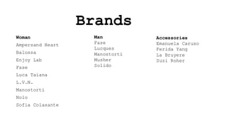 Brands
Woman
Ampersand Heart
Balossa
Enjoy Lab
Fase
Luca Taiana
L.V.N.
Manostorti
Nolo
Sofia Colasante
Man
Fase
Lucques
Manostorti
Musher
Solido
Accessories
Emanuela Caruso
Ferida Yang
La Bruyere
Suzi Roher
 