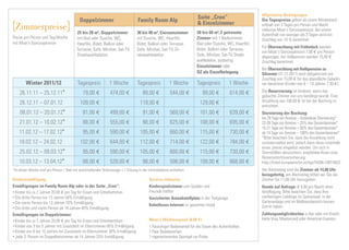 Allgemeine Bedingungen
                                                                                                                       Suite „Cron“
                                            Doppelzimmer                          Family Room Alp                                                      Die Tagespreise gelten ab einem Mindestauf-
                                                                                                                       & Einzelzimmer
 Zimmerpreise                             25 bis 28 m2, Doppelzimmer              30 bis 40 m2, Einraumzimmer         50 bis 60 m2, 2 getrennte
                                                                                                                                                       enthalt von 3 Tagen pro Person und Nacht
                                                                                                                                                       inklusive Moar‘s Genusspension. Bei einem
                                                                                                                                                       Aufenthalt von weniger als 3 Tagen wird ein
Preise pro Person und Tag/Woche           mit Bad oder Dusche, WC,                mit Dusche, WC, Haarfön,            Zimmer mit 1 Badezimmer,         Zuschlag von 10 % berechnet.
mit Moar’s Genusspension                  Haarfön, Bidet, Balkon oder             Bidet, Balkon oder Terrasse,        Bad oder Dusche, WC, Haarfön,
                                                                                                                                                       Für Übernachtung mit Frühstück werden
                                          Terrasse, Safe, Minibar, Sat-TV,        Safe, Minibar, Sat-TV, Di-          Bidet, Balkon oder Terrasse,
                                                                                                                                                       von Moar‘s Genusspension 7,00 € pro Person
                                          Direktwahltelefon                       rektwahltelefon                     Safe, Minibar, Sat-TV, Direkt-   abgezogen, bei Vollpension werden 15,00 €
                                                                                                                      wahltelefon, südseitig           Zuschlag berechnet.
                                                                                                                      Einzelzimmer oder
                                                                                                                                                       Bei Übernachtung mit Halbpension zu
                                                                                                                      DZ als Einzelbelegung            Silvester (31.12.2011) wird obligatorisch ein
                                                                                                                                                       Zuschlag von 15,00 € für das abendliche Galadin-
        Winter 2011/12                    Tagespreis            1 Woche           Tagespreis           1 Woche        Tagespreis           1 Woche     ner berechnet (Kinder von 6 – 14 Jahren 7,50 €).

    26.11.11 –      25.12.11*                 79,00 €           474,00 €              89,00 €           544,00 €         99,00 €           614,00 €    Die Reservierung ist bindend, wenn das
                                                                                                                                                       gebuchte Zimmer von uns bestätigt wurde. Eine
    26.12.11 – 07.01.12                     109,00 €                                119,00 €                            129,00 €                       Anzahlung von 100,00 € ist bei der Buchung zu
                                                                                                                                                       entrichten.
    08.01.12 – 20.01.12*                      81,00 €           499,00 €              91,00 €           569,00 €        101,00 €           639,00 €    Stornierung der Buchung:
                                                                                                                                                       bis 29 Tage vor Anreise – kostenlose Stornierung*
    21.01.12 – 10.02.12*                      88,00 €           555,00 €              98,00 €           625,00 €        108,00 €           695,00 €    22-28 Tage vor Anreise – 25% des Gesamtpreises*
                                                                                                                                                       15-21 Tage vor Anreise – 50% des Gesamtpreises*
    11.02.12 – 17.02.12*                      95,00 €           590,00 €            105,00 €            660,00 €        115,00 €           730,00 €    ab 14 Tage vor Anreise – 100% des Gesamtpreises*
                                                                                                                                                       *Bitte beachten Sie, dass die Anzahlung nicht
    18.02.12 – 24.02.12                     102,00 €            644,00 €            112,00 €            714,00 €        122,00 €           784,00 €    zurückerstattet wird, jedoch kann diese innerhalb
                                                                                                                                                       eines Jahres eingelöst werden. Um sich in
    25.02.12 –      09.03.12*                 95,00 €           590,00 €            105,00 €            660,00 €        115,00 €           730,00 €    Stornofällen abzusichern, empfehlen Ihnen eine
                                                                                                                                                       Reiserücktrittsversicherung:
    10.03.12 –      13.04.12*                 88,00 €           528,00 €              98,00 €           598,00 €        108,00 €           668,00 €    http://hotel.europaeische.at/hgv?AGN=10015622
*In dieser Woche sind pro Person 1 Bad mit anschließender Teilmassage + 1 Sitzung in der Infrarotkabine enthalten.                                     Am Anreisetag sind die Zimmer ab 14,00 Uhr
                                                                                                                                                       bezugsfertig, am Abreisetag bitten wir Sie die
Kinderermäßigung                                                                          Service inklusive                                            Zimmer bis 11,00 Uhr freizugeben.
Ermäßigungen im Family Room Alp oder in der Suite „Cron“:                                 Kinderspielzimmer zum Spielen und                            Hunde auf Anfrage: € 9,00 pro Nacht ohne
• Kinder bis zu 2 Jahren 20,00 € pro Tag für Essen und Gitterbettchen                     Freunde treffen                                              Verpﬂegung. Bitte beachten Sie, dass Ihre
• Die dritte Person bis 13 Jahren 50% Ermäßigung                                          Gesicherter Autoabstellplatz in der Tiefgarage               vierbeinigen Lieblinge im Speisesaal, in der
• Die vierte Person bis 13 Jahren 70% Ermäßigung                                                                                                       Gartenanlage und im Wellnessbereich keinen
                                                                                          Kabelloses Internet im gesamten Hotel                        Zutritt haben.
• Die dritte und vierte Person ab 14 Jahren 40% Ermäßigung

Ermäßigungen im Doppelzimmer:                                                                                                                          Zahlungsmöglichkeiten in Bar oder mit Kredit-
• Kinder bis zu 2 Jahren 20,00 € pro Tag für Essen und Gitterbettchen                     Moar‘s Wellnesspack (8,00 €)                                 karte Visa, Mastercard oder American Express.
• Kinder von 3 bis 5 Jahren mit Zusatzbett im Elternzimmer 60% Ermäßigung                 1 ﬂauschiger Bademantel für die Dauer des Aufenthaltes
• Kinder von 6 bis 13 Jahren mit Zusatzbett im Elternzimmer 30% Ermäßigung                1 Paar Badelatschen
• Jede 3. Person im Doppelbettzimmer ab 14 Jahren 25% Ermäßigung.                         1 regenerierendes Sportgel zur Probe
 