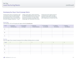 © 2009 Marketo, Inc. All rights reserved. 17 
Part Two 
Lead Nurturing Basics 
Buying Stages 
In this example, we’ll use the buying cycle stages outlined by SiriusDecisions. 
1 Loosening 
the Status Quo 
2 Committing 
to Change 
Stages 3 Exploring 
Possible Solutions 
4 Committing 
to a Solution 
5 Justifying 
the Decision 
6 Making 
the Selection 
A 
B 
C 
Your Turn 
Insert the stages of your company’s buying cycle here, adding or deleting columns as needed. 
The goal of this matrix is to provide you with 
an at-a-glance resource for determining the 
structure of your Stay in Touch campaigns. 
By completing this matrix, you’ll ensure that 
all of your campaign components — buyer 
profiles, buying stages, content and timing — 
are effectively aligned with each other so that 
you can communicate in the most relevant 
way with your prospects according to their 
buying stage. Each intersection of the matrix 
Stages 1 2 3 4 5 6 
A 
B 
C 
Developing Your Stay in Touch Campaign Matrix 
should map out the content to drip out, 
according to buyer profile and stage — 
ideally you want to fill out each grid box 
with multiple pieces of content over time. 
continued 
 