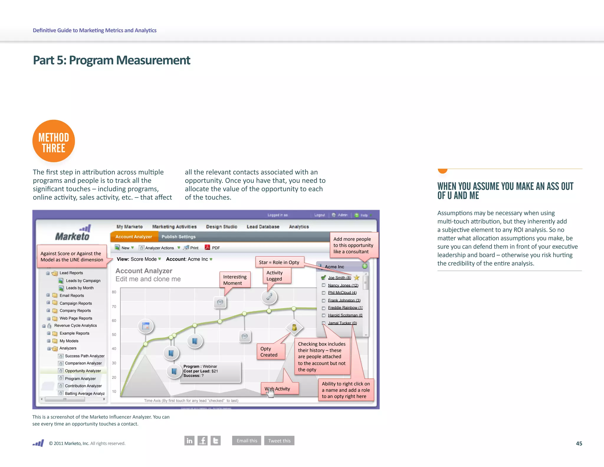 Definitive Guide to Marketing Metrics and Analytics




Part 5: Program Measurement




  METHOD
   THREE
The first step in attribution across multiple                                  all the relevant contacts associated with an
programs and people is to track all the                                        opportunity. Once you have that, you need to
significant touches – including programs,                                      allocate the value of the opportunity to each                                                 WHEN YOU ASSUME YOU MAKE AN ASS OUT
online activity, sales activity, etc. – that affect                            of the touches.                                                                               OF U AND ME
                                                                                                                                                                             Assumptions may be necessary when using
                                                                                                                                                                             multi-touch attribution, but they inherently add
                                                                                                                                                                             a subjective element to any ROI analysis. So no
                                          Account Analyzer       Publish Settings
                                                                                                                                                       Add more people       matter what allocation assumptions you make, be
                                              New       Analyzer Actions           Print        PDF
                                                                                                                                                       to this opportunity   sure you can defend them in front of your executive
   Against Score or Against the                                                                                                                        like a consultant
      Default
                                                                                                                                                                             leadership and board – otherwise you risk hurting
   Model as the LINE dimension               View: Score Mode       Account: Acme Inc
          Standard Reports
                                                                                                                    Star = Role in Opty
                                                                                                                                                  Acme Inc
                                                                                                                                                                             the credibility of the entire analysis.
            Lead Reports                  Account Analyzer                                                             Activity
                                                                                                      Interesting
                Leads by Campaign         Edit me and clone me                                                         Logged                       Joe Smith (8)
                                                                                                      Moment                                        Nancy Jones (12)
                Leads by Month
                                        80                                                                                                          Phil McCloud (4)
            Email Reports
                                                                                                                                                    Frank Johnston (3)
            Campaign Reports
                                        70                                                                                                          Freddie Rainbow (1)
            Company Reports
                                                                                                                                                    Harold Scotsman (0)
            Web Page Reports
                                        60
                                                                                                                                                    Jamal Tucker (0)
          Revenue Cycle Analytics

            Example Reports             50
            My Models
                                                                                                                                      Checking box includes
            Analyzers                   40                                                                          Opty              their history – these
               Success Path Analyzer                                                                                Created           are people attached
               Comparison Analyzer      30                                                                                            to the account but not
                                                                              Program : Webinar
               Opportunity Analyzer                                           Cost per Lead: $21                                      the opty
                                        20                                    Success: ?
               Program Analyzer
               Contribution Analyzer                                                                                                             Ability to right click on
                                        10
                                                                                                                      Web Activity               a name and add a role
               Batting Average Analyz
                                                                                                                                                 to an opty right here
                                                       Time Axis (By first touch for any lead “checked” to last)



This is a screenshot of the Marketo Influencer Analyzer. You can
see every time an opportunity touches a contact.


       © 2011 Marketo, Inc. All rights reserved.                                                                                                                                                                               45
 
