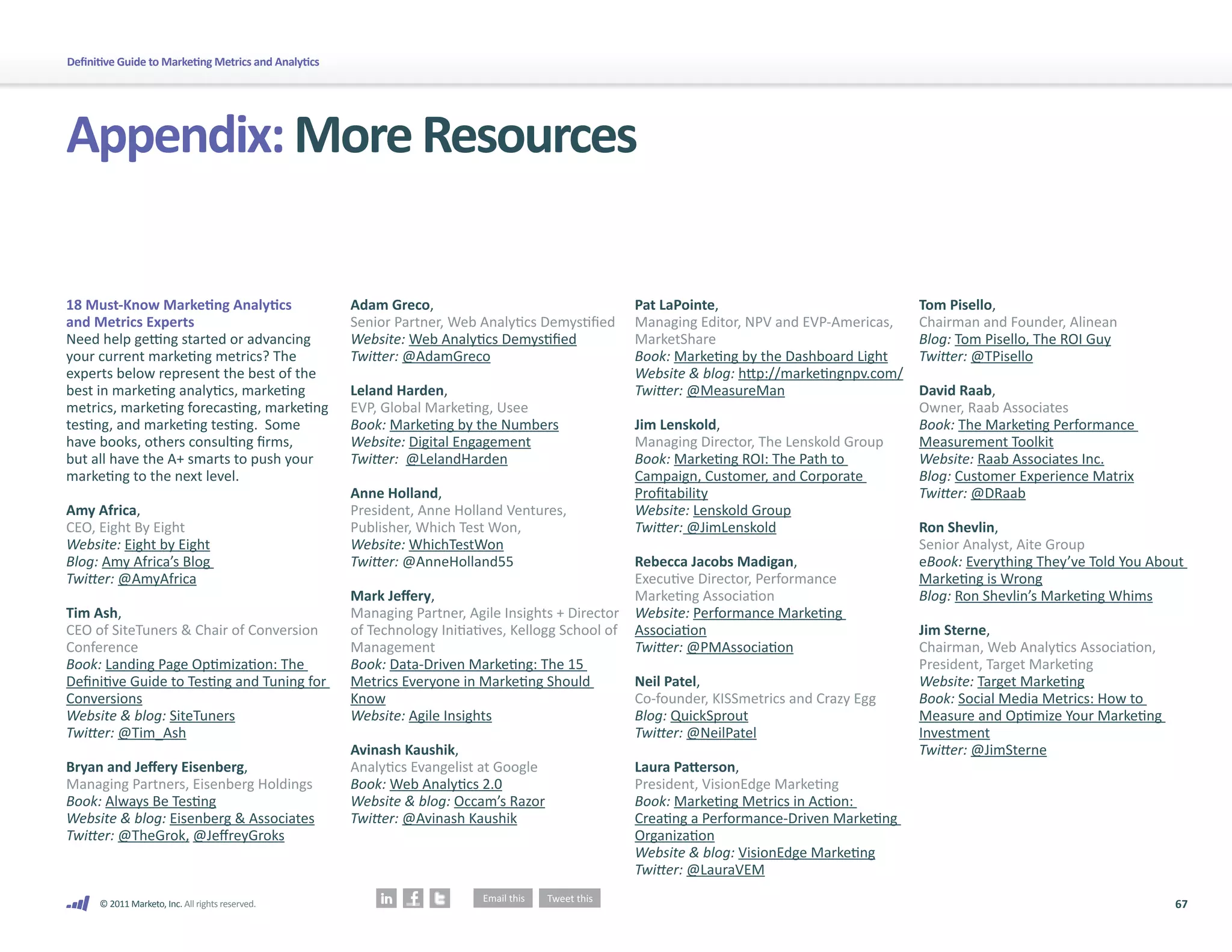 Definitive Guide to Marketing Metrics and Analytics




Appendix: More Resources

18 Must-Know Marketing Analytics                      Adam Greco,                                    Pat LaPointe,                              Tom Pisello,
and Metrics Experts                                   Senior Partner, Web Analytics Demystified      Managing Editor, NPV and EVP-Americas,     Chairman and Founder, Alinean
Need help getting started or advancing                Website: Web Analytics Demystified             MarketShare                                Blog: Tom Pisello, The ROI Guy
your current marketing metrics? The                   Twitter: @AdamGreco                            Book: Marketing by the Dashboard Light     Twitter: @TPisello
experts below represent the best of the                                                              Website & blog: http://marketingnpv.com/
best in marketing analytics, marketing                Leland Harden,                                 Twitter: @MeasureMan                       David Raab,
metrics, marketing forecasting, marketing             EVP, Global Marketing, Usee                                                               Owner, Raab Associates
testing, and marketing testing. Some                  Book: Marketing by the Numbers                 Jim Lenskold,                              Book: The Marketing Performance
have books, others consulting firms,                  Website: Digital Engagement                    Managing Director, The Lenskold Group      Measurement Toolkit
but all have the A+ smarts to push your               Twitter: @LelandHarden                         Book: Marketing ROI: The Path to           Website: Raab Associates Inc.
marketing to the next level.                                                                         Campaign, Customer, and Corporate          Blog: Customer Experience Matrix
                                                      Anne Holland,                                  Profitability                              Twitter: @DRaab
Amy Africa,                                           President, Anne Holland Ventures,              Website: Lenskold Group
CEO, Eight By Eight                                   Publisher, Which Test Won,                     Twitter: @JimLenskold                      Ron Shevlin,
Website: Eight by Eight                               Website: WhichTestWon                                                                     Senior Analyst, Aite Group
Blog: Amy Africa’s Blog                               Twitter: @AnneHolland55                        Rebecca Jacobs Madigan,                    eBook: Everything They’ve Told You About
Twitter: @AmyAfrica                                                                                  Executive Director, Performance            Marketing is Wrong
                                                      Mark Jeffery,                                  Marketing Association                      Blog: Ron Shevlin’s Marketing Whims
Tim Ash,                                              Managing Partner, Agile Insights + Director    Website: Performance Marketing
CEO of SiteTuners & Chair of Conversion               of Technology Initiatives, Kellogg School of   Association                                Jim Sterne,
Conference                                            Management                                     Twitter: @PMAssociation                    Chairman, Web Analytics Association,
Book: Landing Page Optimization: The                  Book: Data-Driven Marketing: The 15                                                       President, Target Marketing
Definitive Guide to Testing and Tuning for            Metrics Everyone in Marketing Should           Neil Patel,                                Website: Target Marketing
Conversions                                           Know                                           Co-founder, KISSmetrics and Crazy Egg      Book: Social Media Metrics: How to
Website & blog: SiteTuners                            Website: Agile Insights                        Blog: QuickSprout                          Measure and Optimize Your Marketing
Twitter: @Tim_Ash                                                                                    Twitter: @NeilPatel                        Investment
                                                      Avinash Kaushik,                                                                          Twitter: @JimSterne
Bryan and Jeffery Eisenberg,                          Analytics Evangelist at Google                 Laura Patterson,
Managing Partners, Eisenberg Holdings                 Book: Web Analytics 2.0                        President, VisionEdge Marketing
Book: Always Be Testing                               Website & blog: Occam’s Razor                  Book: Marketing Metrics in Action:
Website & blog: Eisenberg & Associates                Twitter: @Avinash Kaushik                      Creating a Performance-Driven Marketing
Twitter: @TheGrok, @JeffreyGroks                                                                     Organization
                                                                                                     Website & blog: VisionEdge Marketing
                                                                                                     Twitter: @LauraVEM

      © 2011 Marketo, Inc. All rights reserved.                                                                                                                                        67
 