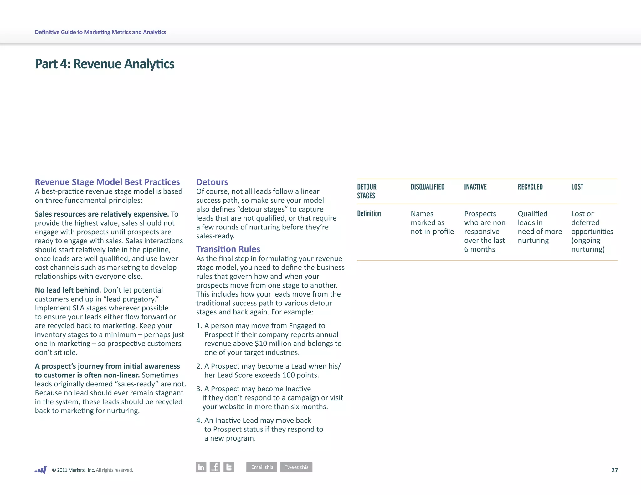 27
© 2011 Marketo, Inc. All rights reserved.
Definitive Guide to Marketing Metrics and Analytics
Revenue Stage Model Best Practices
A best-practice revenue stage model is based
on three fundamental principles:
Sales resources are relatively expensive. To
provide the highest value, sales should not
engage with prospects until prospects are
ready to engage with sales. Sales interactions
should start relatively late in the pipeline,
once leads are well qualified, and use lower
cost channels such as marketing to develop
relationships with everyone else.
No lead left behind. Don’t let potential
customers end up in “lead purgatory.”
Implement SLA stages wherever possible
to ensure your leads either flow forward or
are recycled back to marketing. Keep your
inventory stages to a minimum – perhaps just
one in marketing – so prospective customers
don’t sit idle.
A prospect’s journey from initial awareness
to customer is often non-linear. Sometimes
leads originally deemed “sales-ready” are not.
Because no lead should ever remain stagnant
in the system, these leads should be recycled
back to marketing for nurturing.
Detours
Of course, not all leads follow a linear
success path, so make sure your model
also defines “detour stages” to capture
leads that are not qualified, or that require
a few rounds of nurturing before they’re
sales-ready.
Transition Rules
As the final step in formulating your revenue
stage model, you need to define the business
rules that govern how and when your
prospects move from one stage to another.
This includes how your leads move from the
traditional success path to various detour
stages and back again. For example:
1.	
A person may move from Engaged to
Prospect if their company reports annual
revenue above $10 million and belongs to
one of your target industries.
2.	
A Prospect may become a Lead when his/
her Lead Score exceeds 100 points.
3.	A Prospect may become Inactive
if they don’t respond to a campaign or visit
your website in more than six months.
4.	
An Inactive Lead may move back
to Prospect status if they respond to
a new program.
Part4:RevenueAnalytics
DETOUR
STAGES
Definition	
DISQUALIFIED
Names
marked as
not-in-profile
INACTIVE
Prospects
who are non-
responsive
over the last
6 months
RECYCLED
Qualified
leads in
need of more
nurturing
LOST
Lost or
deferred
opportunities
(ongoing
nurturing)
 
