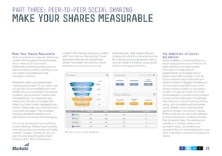 26
Make Your Shares Measurable
When a prospect or customer shares your
content, this is a great indicator that they
are an influencer for your brand.
Additionally by tracking shares, you can
determine what content is working so you
can create more intelligent social
campaigns over time.
Remember when you implemented
marketing automation? (If you haven't yet,
you should.) You immediately had more
visibility into your campaigns and website.
Suddenly, you could track website visits
and downloads. You knew who was
visiting your website, what pages they
visited, and what content appealed most
to them. Additionally, you could track all of
your email campaigns. The increased
tracking capabilities enabled you to
optimize your processes and messaging.
You should be doing the same with your
social marketing. Instead of just knowing
how many shares you received on Twitter,
LinkedIn, Google+, Facebook, etc, you
want to know everything about each
sharing activity. Who is sharing your
content? Who did they share your content
with? And what are they sharing? Social
applications like Marketo Social Suite,
create more insight into all of your social
activities so you know who your top
Marketo Social Suite Dashboard
influencers are, what content they are
sharing, and what their networks look like.
By analyzing your social sharing metrics,
you can create A/B testing, so you know
what is working and what isn’t.
The Definition of Social
Validation
Social validation, or social proofing, is a
psychological phenomenon that occurs
when people do not have enough
information to make opinions
independently, and instead look for
external clues like popularity, trust, etc.
Social networks play an influential role
when it comes to mitigating the feeling of
risk that overcomes B2B buyers when
trying to solve a problem or purchase a
solution. A huge part of this is from the
social validation or social proofing inherent
to many social media sites. For example,
sites that focus on bookmarking, ranking,
voting, and commenting all incorporate
social validation when users give their
opinions through comments or ratings.
B2B companies can use social validation
to help increase their credibility and allay
their prospects’ fears. By opening your
website up to ratings, reviews (and
sometime rants), you’re telling your
prospects that you value transparency, are
open to feedback, and can be trusted as a
vendor.
part three: Peer-to-peer social sharing
Make your shares measurable
 