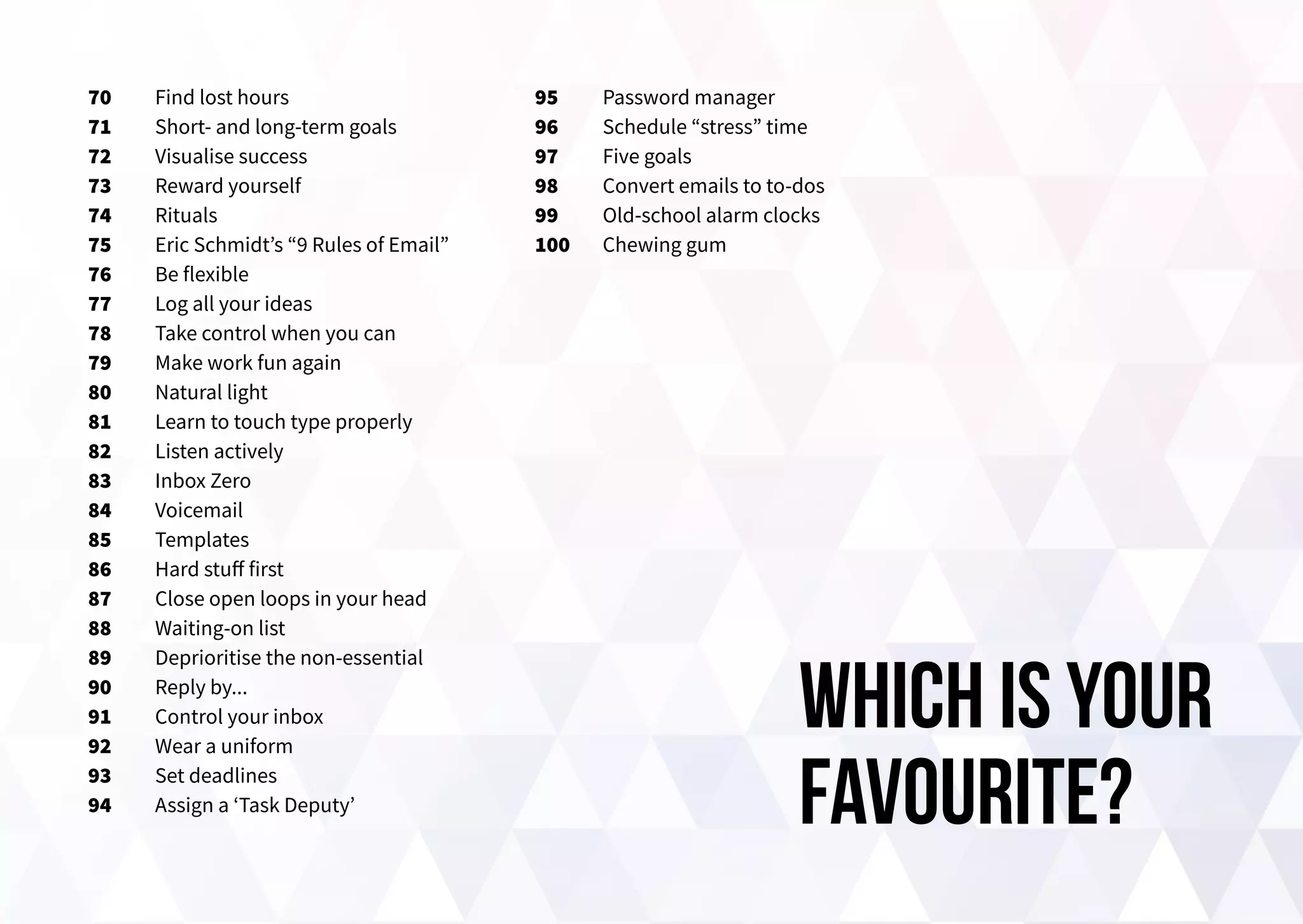 70
71
72
73
74
75
76
77
78
79
80
81
82
83
84
85
86
87
88
89
90
91
92
93
94
Find lost hours
Short- and long-term goals
Visualise success
Reward yourself
Rituals
Eric Schmidt’s “9 Rules of Email”
Be flexible
Log all your ideas
Take control when you can
Make work fun again
Natural light
Learn to touch type properly
Listen actively
Inbox Zero
Voicemail
Templates
Hard stuff first
Close open loops in your head
Waiting-on list
Deprioritise the non-essential
Reply by...
Control your inbox
Wear a uniform
Set deadlines
Assign a ‘Task Deputy’
which is your
favourite?
95
96
97
98
99
100
Password manager
Schedule “stress” time
Five goals
Convert emails to to-dos
Old-school alarm clocks
Chewing gum
 