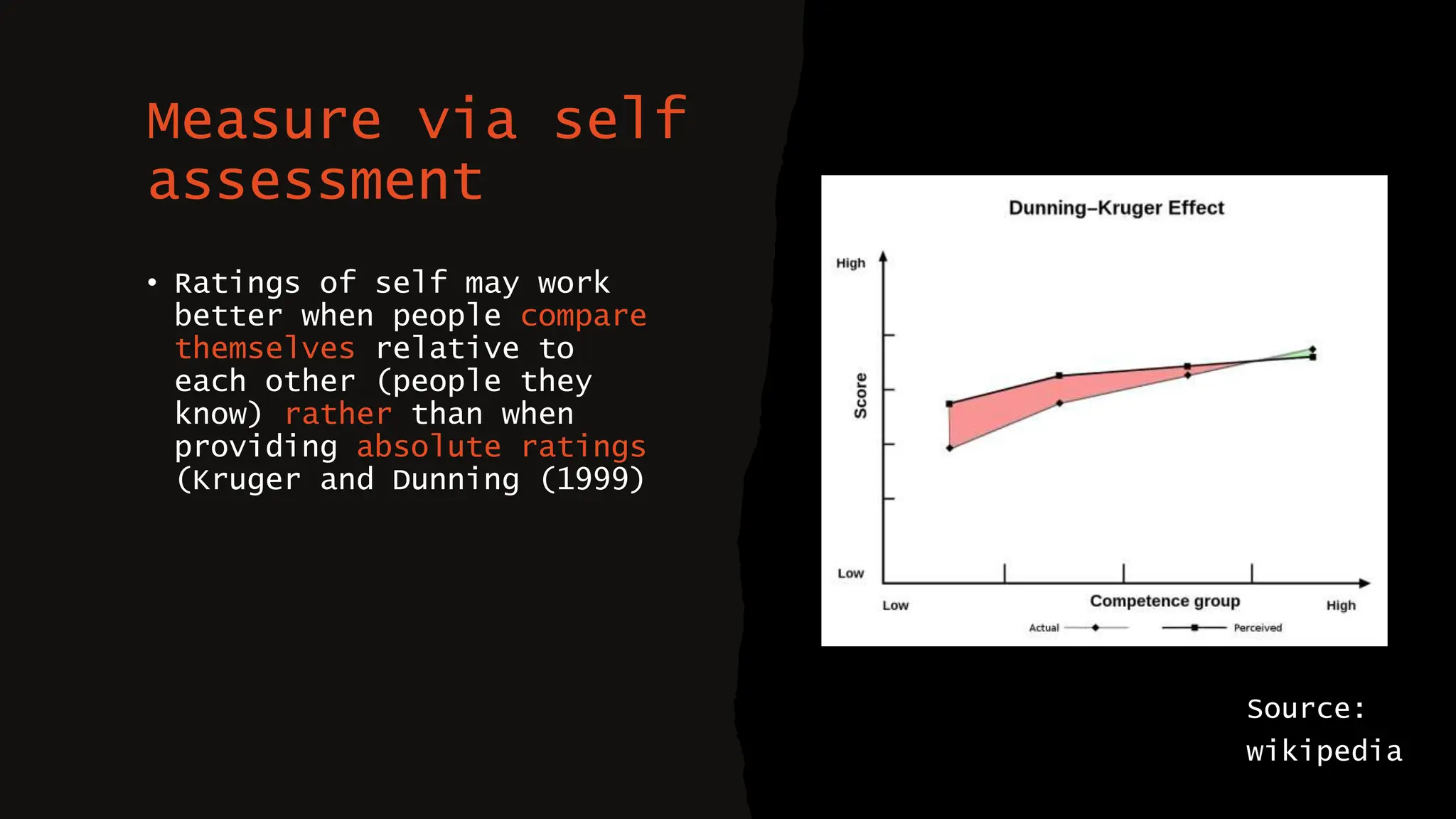 Measure via self
assessment
• Ratings of self may work
better when people compare
themselves relative to
each other (people they
know) rather than when
providing absolute ratings
(Kruger and Dunning (1999)
Source:
wikipedia
 