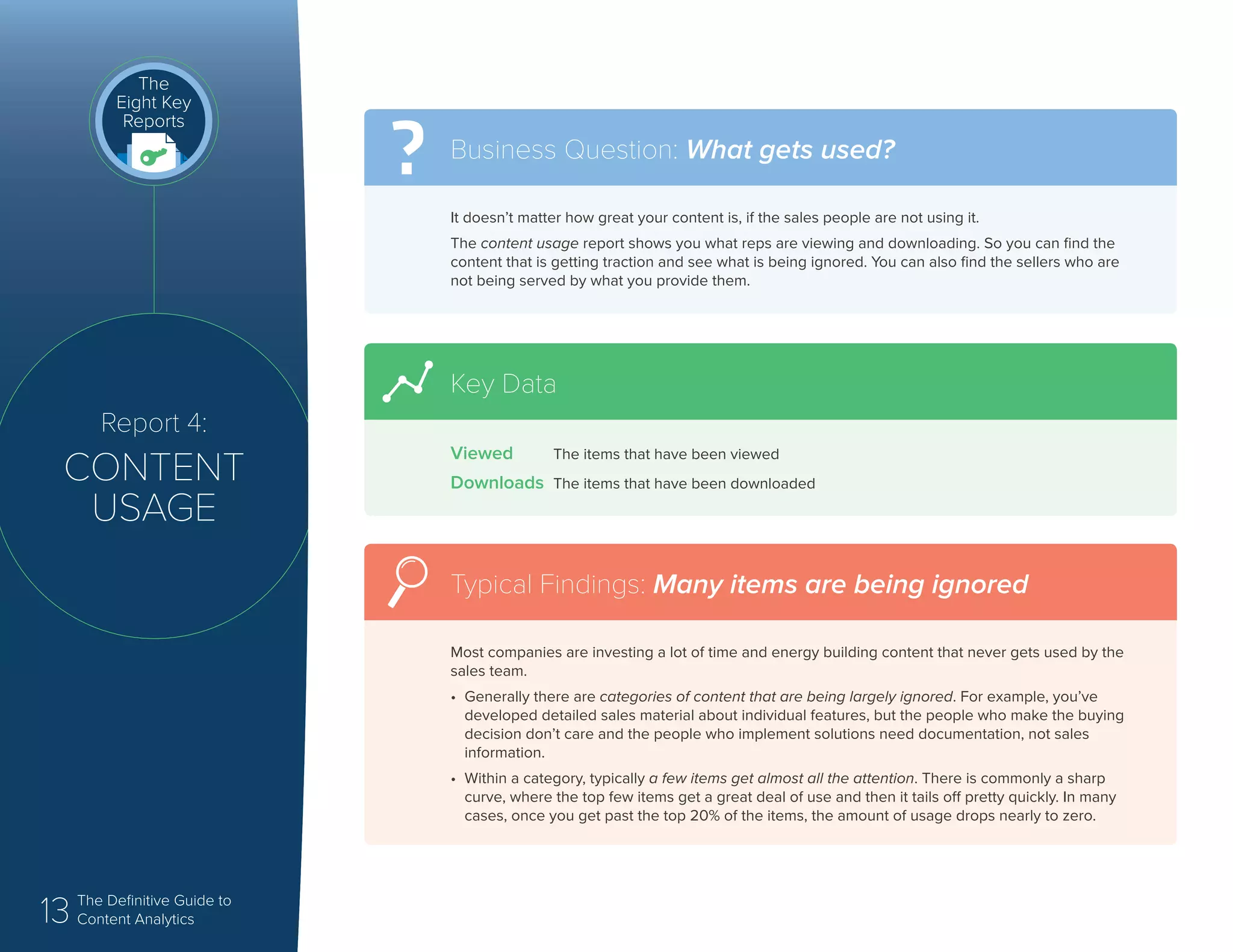 13 The Definitive Guide to
Content Analytics
Report 4:
CONTENT
USAGE
The
Eight Key
Reports
It doesn’t matter how great your content is, if the sales people are not using it.
The content usage report shows you what reps are viewing and downloading. So you can find the
content that is getting traction and see what is being ignored. You can also find the sellers who are
not being served by what you provide them.
Business Question: What gets used?
Most companies are investing a lot of time and energy building content that never gets used by the
sales team.
•	 Generally there are categories of content that are being largely ignored. For example, you’ve
developed detailed sales material about individual features, but the people who make the buying
decision don’t care and the people who implement solutions need documentation, not sales
information.
•	 Within a category, typically a few items get almost all the attention. There is commonly a sharp
curve, where the top few items get a great deal of use and then it tails off pretty quickly. In many
cases, once you get past the top 20% of the items, the amount of usage drops nearly to zero.
Typical Findings: Many items are being ignored
Viewed	 The items that have been viewed
Downloads	 The items that have been downloaded
Key Data
 