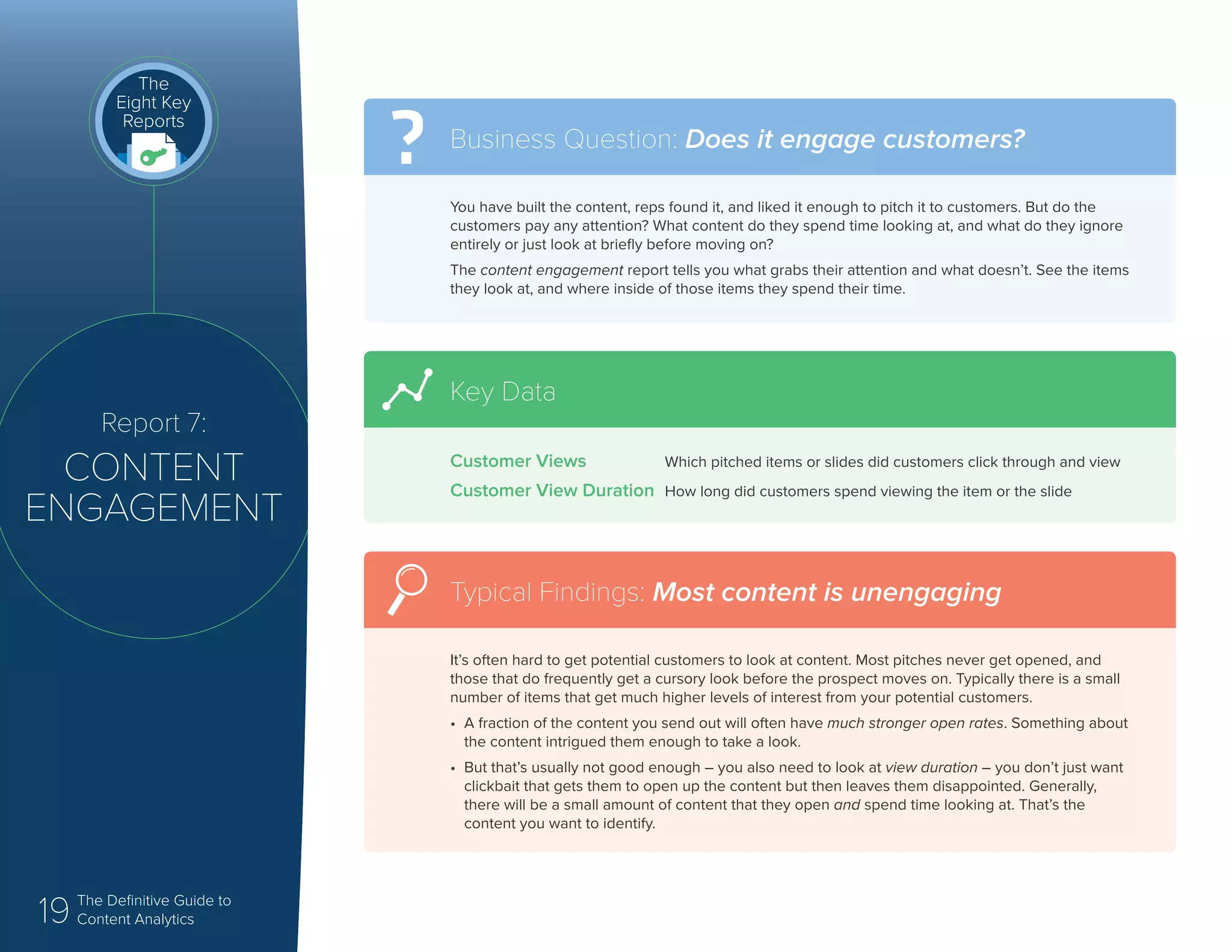 19 The Definitive Guide to
Content Analytics
Report 7:
CONTENT
ENGAGEMENT
The
Eight Key
Reports
You have built the content, reps found it, and liked it enough to pitch it to customers. But do the
customers pay any attention? What content do they spend time looking at, and what do they ignore
entirely or just look at briefly before moving on?
The content engagement report tells you what grabs their attention and what doesn’t. See the items
they look at, and where inside of those items they spend their time.
Business Question: Does it engage customers?
It’s often hard to get potential customers to look at content. Most pitches never get opened, and
those that do frequently get a cursory look before the prospect moves on. Typically there is a small
number of items that get much higher levels of interest from your potential customers.
•	 A fraction of the content you send out will often have much stronger open rates. Something about
the content intrigued them enough to take a look.
•	 But that’s usually not good enough – you also need to look at view duration – you don’t just want
clickbait that gets them to open up the content but then leaves them disappointed. Generally,
there will be a small amount of content that they open and spend time looking at. That’s the
content you want to identify.
Typical Findings: Most content is unengaging
Customer Views	 Which pitched items or slides did customers click through and view
Customer View Duration	 How long did customers spend viewing the item or the slide
Key Data
 