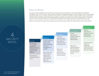 23 The Definitive Guide to
Sales Enablement
4
MATURITY
MODEL
Maturity Model
The goal of sales enablement is to optimize your sales process, making your reps more effective and efficient.
Companies won’t “fix” their sales with a one-time initiative—it happens through a series of stages, each of which yields
tangible benefits. Every company will differ somewhat in the path that they follow, and the state of sales enablement
can be uneven—perhaps a good onboarding program has been put in place, but content management is in disarray.
However, we have found that there is a great deal of similarity in the stages that most companies pass through.
Below, we show the five stages that companies go through as they improve the effectiveness of their sales teams:
Ad Hoc
Whole focus
on customer
acquisition.
Minimal planning
and structure,
frequent fire-
fighting.
Rep efficiency
and effectiveness
is low
Reactive
Content scattered
across many
systems and
poorly managed.
Customer
engagement is
uneven.
Reps waste time
they should be
using to sell.
Onboarding is
slow, turnover
high, and
attainment low.
Managed
Content is
organized and
up to date. Reps
have defined
onboarding and
training process.
Attainment
improved,
onboarding is
faster, more time
is spent selling.
Data-Driven
Closed-
loop used to
measure content
and training
effectiveness.
Attainment,
onboarding time,
deal conversion,
and deal velocity
exceed industry
norms.
Optimized
Closed-
loop used to
measure content
and training
effectiveness.
Industry-leading
results for
attainment,
onboarding time,
deal conversion,
and deal velocity.
 