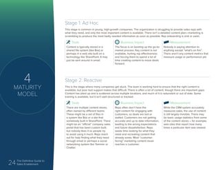 24 The Definitive Guide to
Sales Enablement
4
MATURITY
MODEL
Stage 1: Ad Hoc
This stage is common in young, high-growth companies. The organization is struggling to provide sales reps with
what they need, and only the most important content is available. There isn’t a detailed content plan—marketing is
scrambling to produce the most badly needed information as soon as possible. Rep onboarding is sink or swim.
Content is typically stored in a
shared file system (like Box) or
perhaps in a web site built on a
technology like SharePoint. It may
just be sent around in email.
The focus is on booting up the go-to-
market process. Key content is not
available, hurting rep effectiveness
and forcing them to spend a lot of
time creating content to move deals
forward.
Nobody is paying attention to
anything except “what’s on fire”.
There aren’t any content metrics that
measure usage or performance yet.
Tools Business Impact Measurement
Stage 2: Reactive
This is the stage where many companies get stuck. The team is working hard to ensure that the right content is
available, but poor tool support makes that difficult. There is often a lot of content, though there are important gaps.
Content has piled up and is scattered across multiple locations, and much of it is redundant or out of date. Some
training is available, but it isn’t well structured or tracked.
There are multiple content stores,
often owned by different teams.
These might be a set of files in
a system like Box or a site that
somebody built in SharePoint. There
might be an “official” company sales
portal that has been custom built,
but nobody likes it so people try
to avoid using it much. Reps reach
out for help finding what they need
through email or perhaps a social
networking system like Yammer or
Chatter.
Reps often don’t have the
right content for engaging with
customers, so deals are lost or
stalled. Customers are not getting
accurate and up to date information,
leading to the wrong expectations
and future dissatisfaction. Reps
waste time looking for what they
need and recreating content that
already exists. Most “customer-
facing” marketing content never
reaches a customer.
While the CRM system accurately
measures sales, the use of content
is still largely invisible. There may
be basic usage statistics from some
of the content stores – for example,
web sites that report how many
times a particular item was viewed.
Tools Business Impact Measurement
 