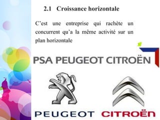 2.1 Croissance horizontale
C’est une entreprise qui rachète un
concurrent qu’a la même activité sur un
plan horizontale
 