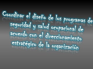Coordinar el diseño de los programas de seguridad y salud ocupacional de acuerdo con el direccionamiento estratégico de la organización 