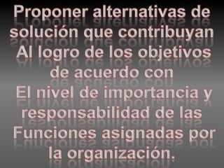 Proponer alternativas de solución que contribuyan Al logro de los objetivos de acuerdo con El nivel de importancia y responsabilidad de las Funciones asignadas por la organización. 