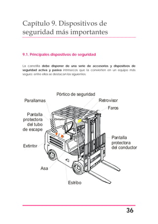 36
Capítulo 9. Dispositivos de
seguridad más importantes
9.1. Principales dispositivos de seguridad
La carretilla debe disponer de una serie de accesorios y dispositivos de
seguridad activa y pasiva intrínsecos que la convierten en un equipo más
seguro; entre ellos se destacan los siguientes:
Faros
Cinturón
Parallamas
Asa
Retrovisor
Estribo
Pantalla
protectora
del tubo
de escape
Pórtico de seguridad
Pantalla
protectora
del conductor
 