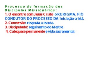 Processo de formação dos Discípulos Missionários: 1. O encontro com Jesus Cristo   o KERIGMA, FIO CONDUTOR DO PROCESSO DA Iniciação cristã. 2. Conversão : resposta a escuta. 3. Discipulado:  seguimento do Mestre 4. Catequese permanente  e vida sacramental.  