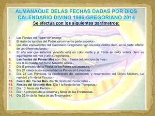CALENDARIO CELESTE 2
ALMANAQUE DELAS FECHAS DADAS POR DIOS
CALENDARIO DIVINO 1986-GREGORIANO 2014
Se efectúa con los sigui...
