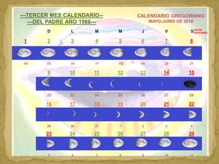 CALENDARIO CELESTE 5
---TERCER MES CALENDARIO--
---DEL PADRE AÑO 1986---
CALENDARIO GREGORIANO
MAYO-JUNIO DE 2014
D L M M ...