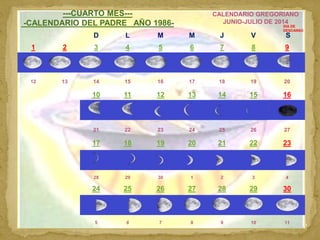 CALENDARIO CELESTE 6
---CUARTO MES---
-CALENDARIO DEL PADRE AÑO 1986-
CALENDARIO GREGORIANO
JUNIO-JULIO DE 2014
D L M M J ...