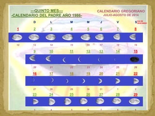 CALENDARIO CELESTE 7
---QUINTO MES---
-CALENDARIO DEL PADRE AÑO 1986-
CALENDARIO GREGORIANO
JULIO-AGOSTO DE 2014
D L M M J...