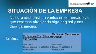 SITUACIÓN DE LA EMPRESA
Nuestra idea dará un vuelco en el mercado ya
que estamos ofreciendo algo original y nos
dará ganancias.
Tarifas:
Tarifas Low Cost (tiempo
que quieran)
Tarifas Vip (tiempo que
quieran)
Niños 10,00 € Niños 20,00 €
Jóvenes a partir de (12 a 25) 15,00 € Jóvenes (15 a 25) 25,00 €
Adultos 20,00 € Adultos 30,00 €
 