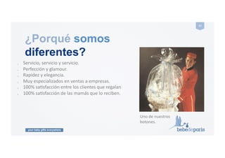 your baby gifts everywhere
11#
.!!!!Servicio,!servicio!y!servicio.!
.!!!!Perfección!y!glamour.!
.!!!!Rapidez!y!elegancia.!
.!!!!Muy!especializados!en!ventas!a!empresas.!
.!!!!100%!saGsfacción!entre!los!clientes!que!regalan!!!!!!
.!!!!100%!saGsfacción!de!las!mamás!que!lo!reciben.!
¿Porqué somos
diferentes?
Uno!de!nuestros!
botones.!
 